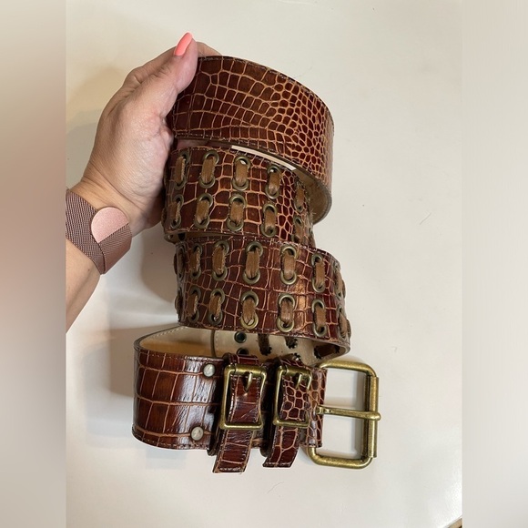 Leatherock Accessories - Leatherock Genuine Leather Brown Textured Lacing Whipstitch Double Buckle Belt